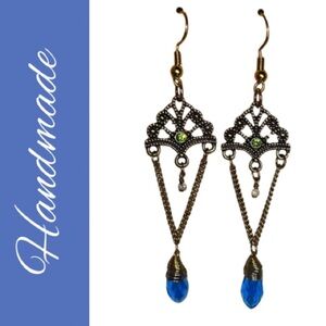 Handmade Vintage-Inspired Earrings – Blue Crystal Drop & Bronze Filigree